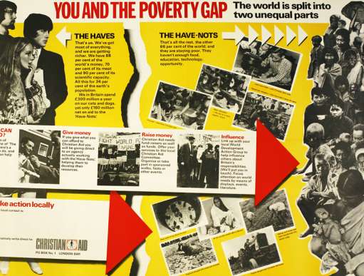 Poster showing wealthy westerners on the left and poor communities overseas on the right