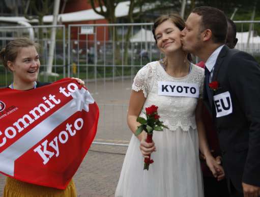 Campaigner in stunt to support the Kyoto Protocol –  drafted to ensure that national climate targets are legally binding.