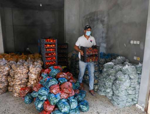 Food parcels being prepared for transport and delivery. Distribution of these food parcels were funded by Irish Aid and reached 600 vulnerable families in Gaza impacted by the coronavirus lockdown. 