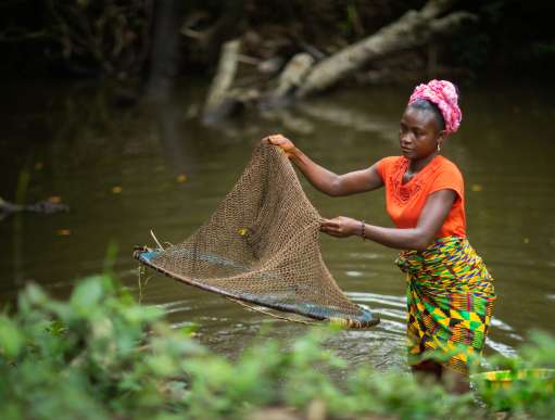 Woman fishing with net