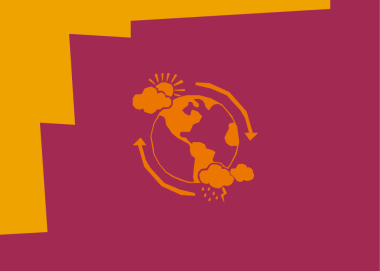 Orange graphic image of arrows and weather clouds going around the Earth, on a dark red background with an orange border