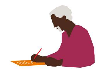 An illustration of an older black man with grey hair in a purple shirt writing a letter